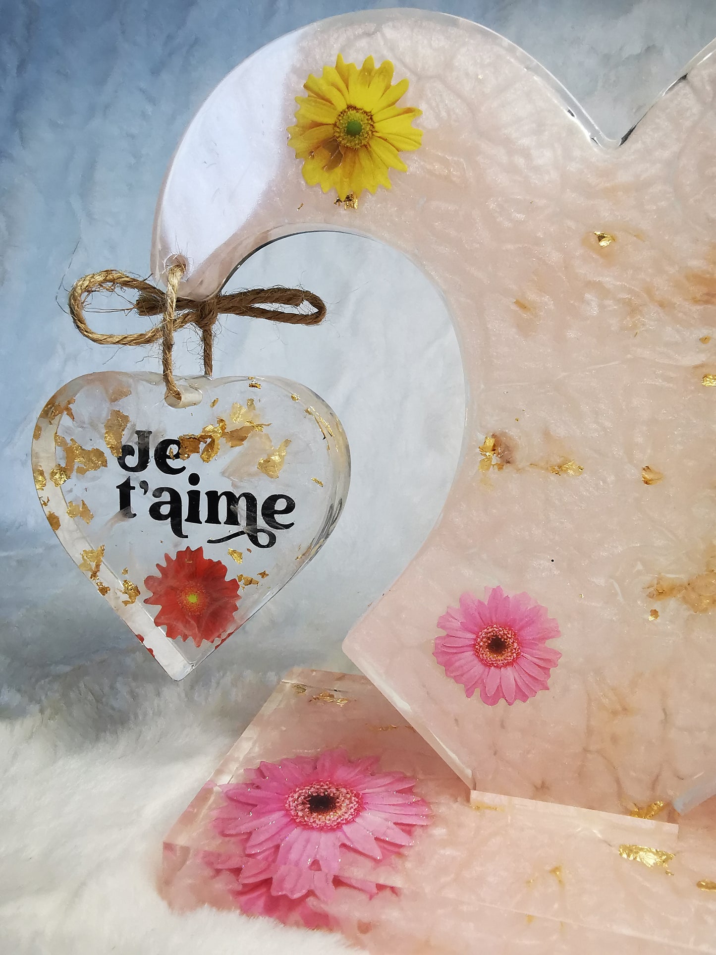 double coeur sur socle rose a fleur (maman, mamie, st valentin)