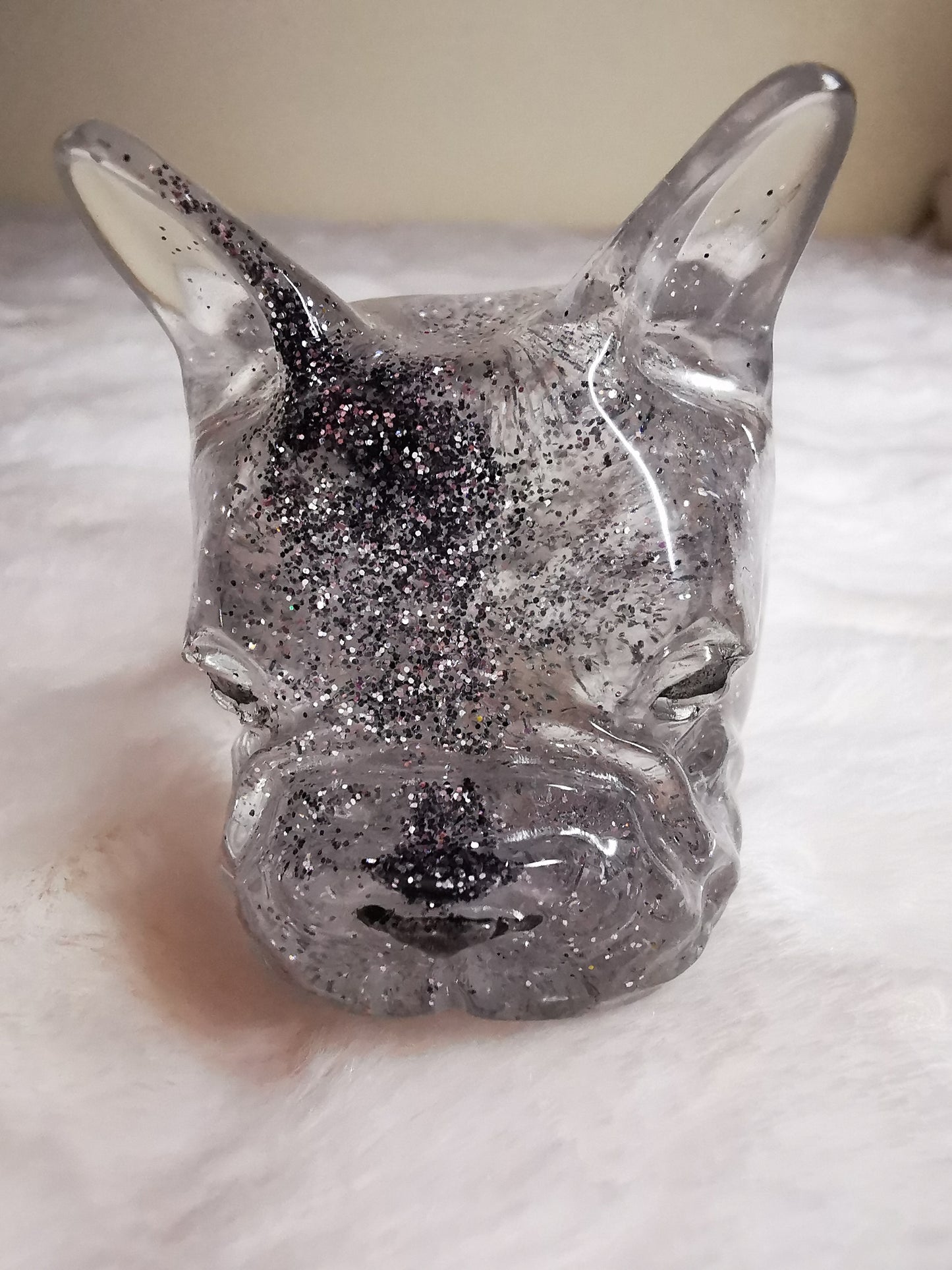 Bouledog français décoratif transparent avec des paillettes grise