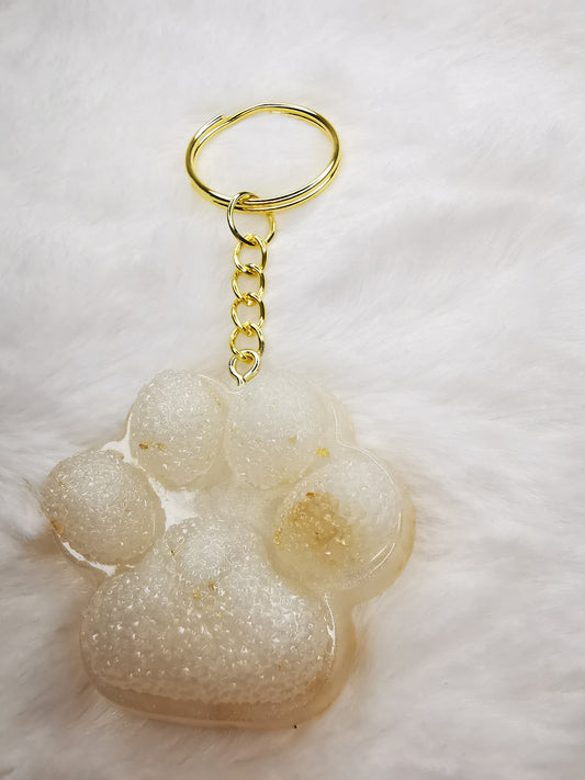 Porte clé patte de chien/chat blanc avec feuille d'or