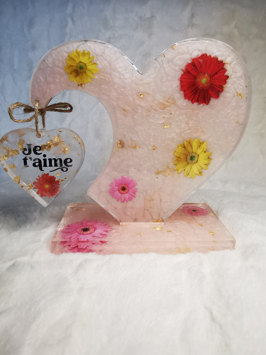 double coeur sur socle rose a fleur (maman, mamie, st valentin)