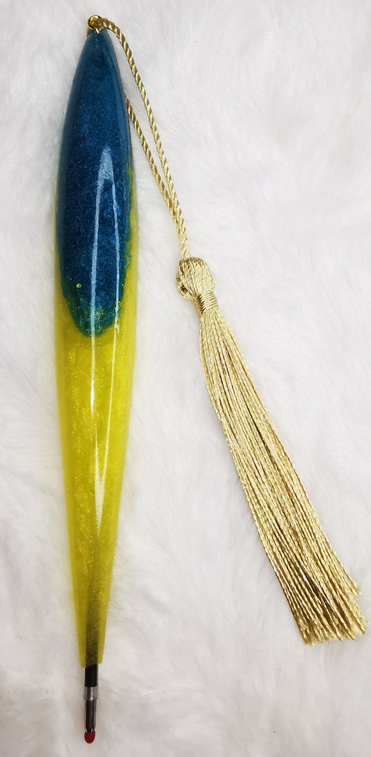 Stylo jaune et turquoise avec son pompon