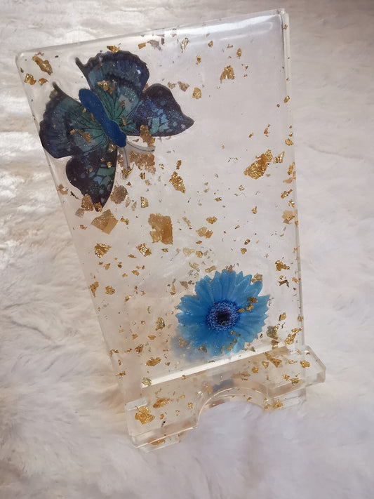 support de téléphone fleur et papillon bleu