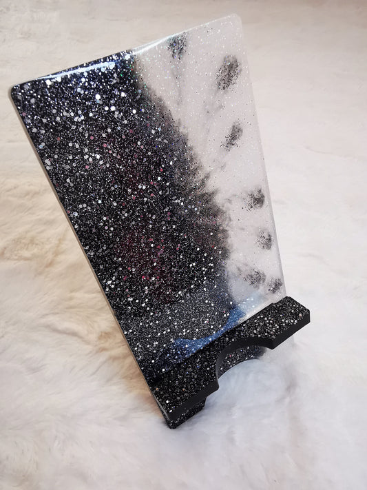 support de téléphone noir et blanc pailletté