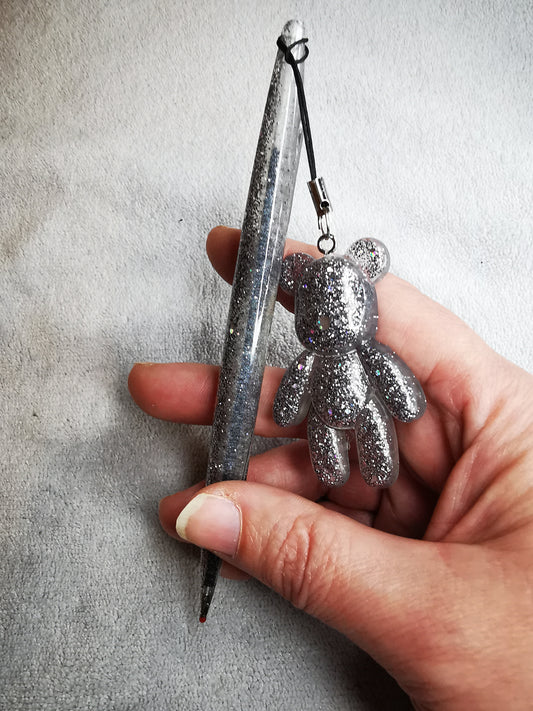 Stylo et son ourson gris pailleté holographique